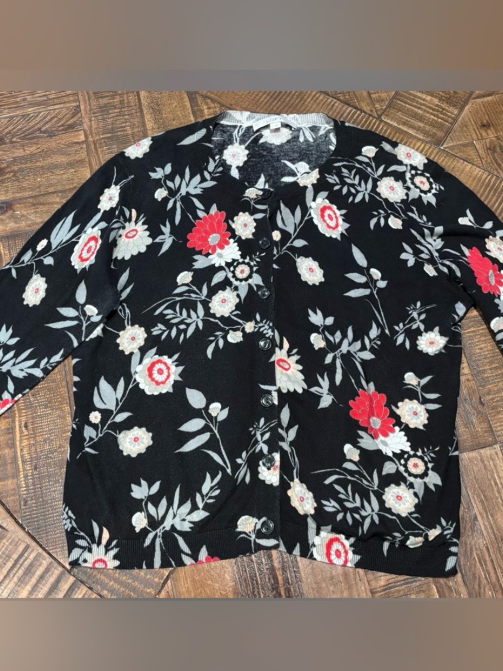 LOFT Black Floral Cardigan with Red and Cream Flowers in size Large